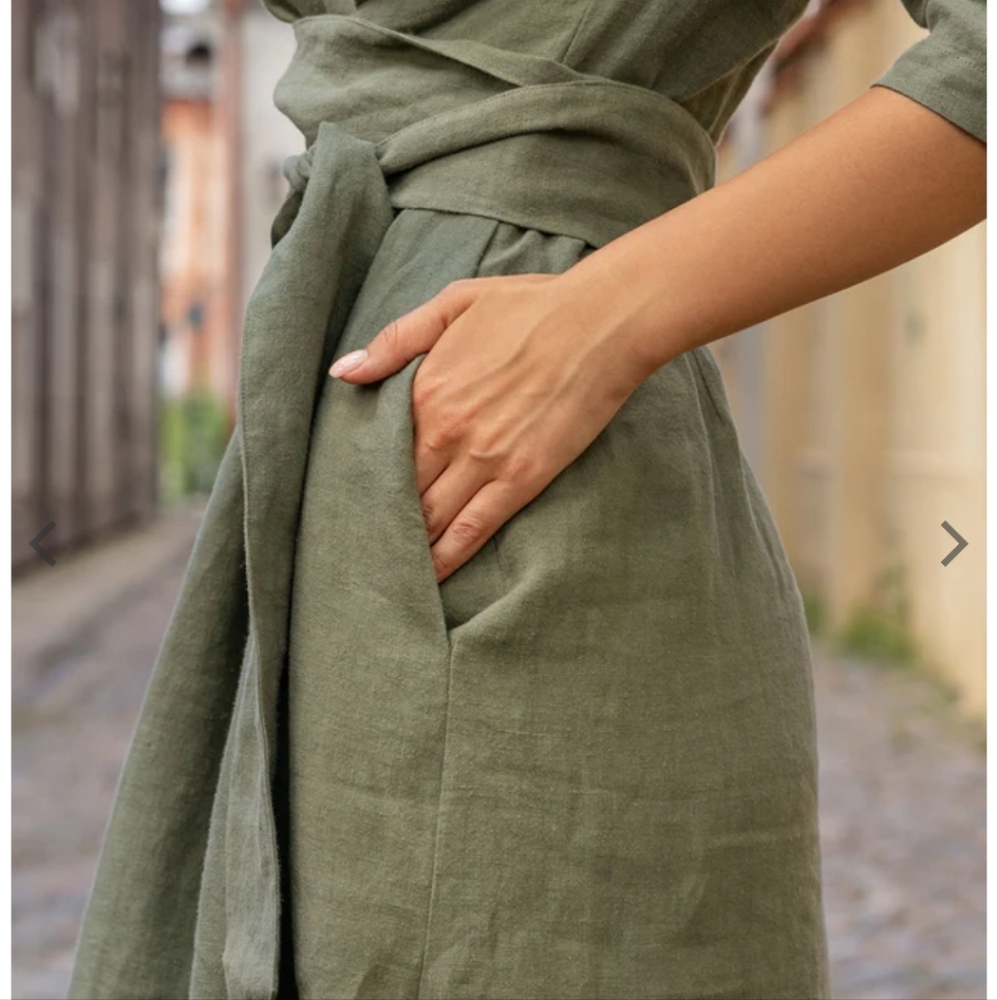 Menique Stone Green Casual 100% Linen Midi Wrap Dress Miley Size XS - Picture 8 of 9
